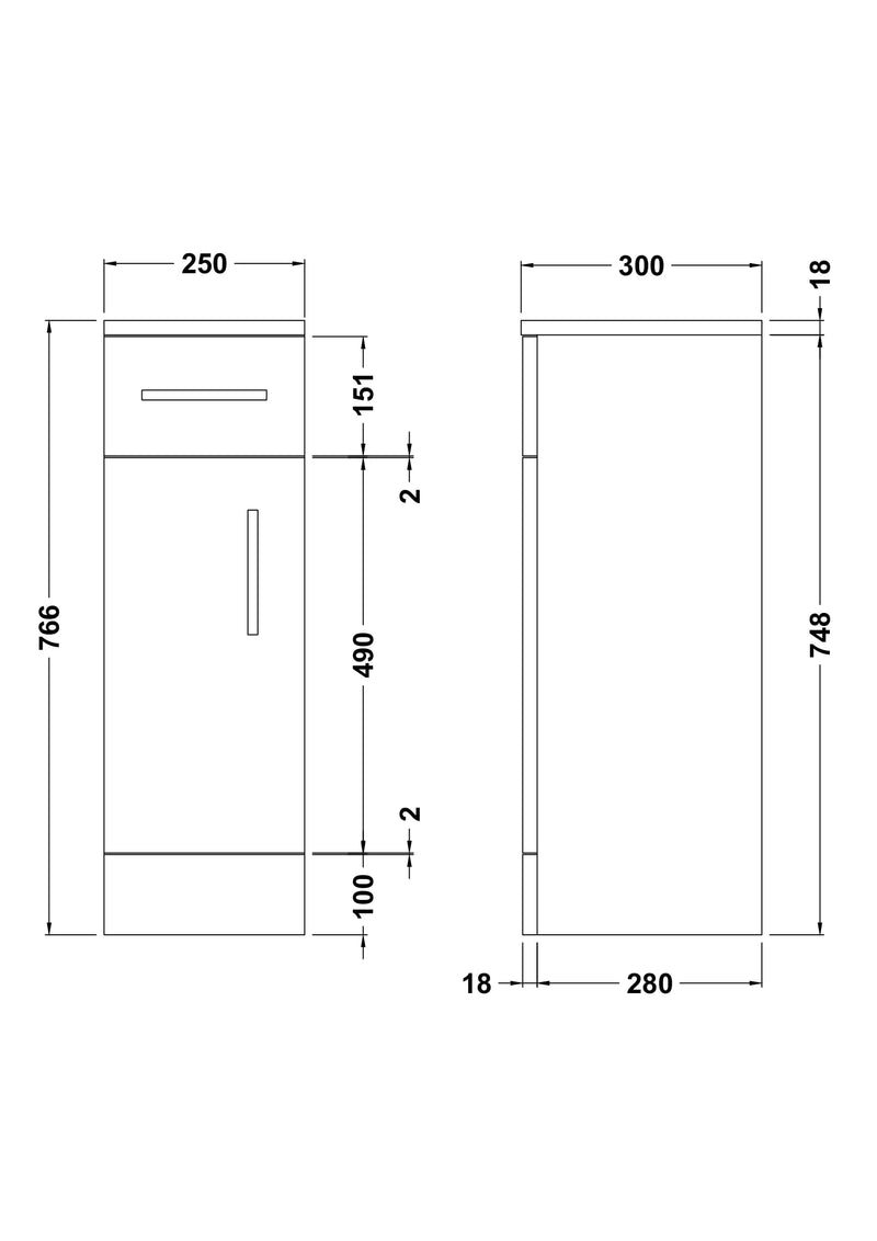 Nuie Mayford fitted drawer unit in Gloss White - 250mm — 300mm deep - dimensioned line drawing