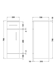 Nuie Mayford fitted drawer unit in Gloss White - 250mm — 330mm deep - dimensioned line drawing