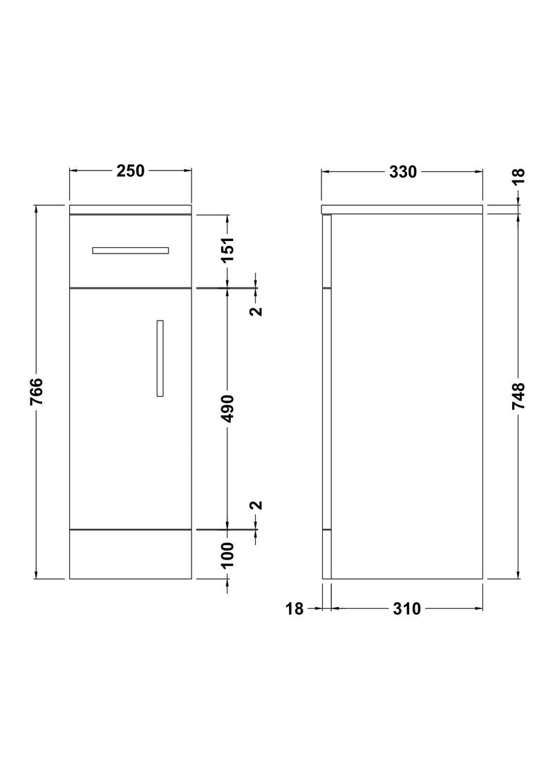 Nuie Mayford fitted drawer unit in Gloss White - 250mm — 330mm deep - dimensioned line drawing