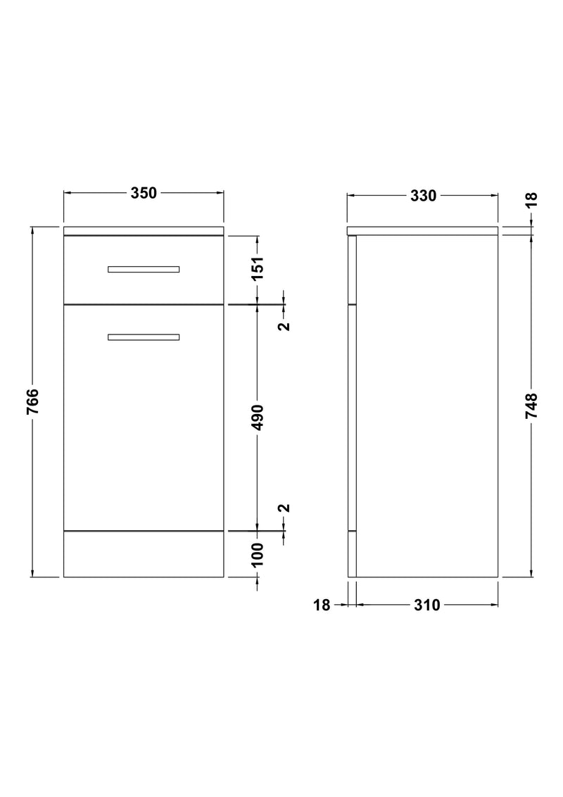 Nuie Mayford fitted drawer unit in Gloss White - 330mm — 350mm deep - dimensioned line drawing