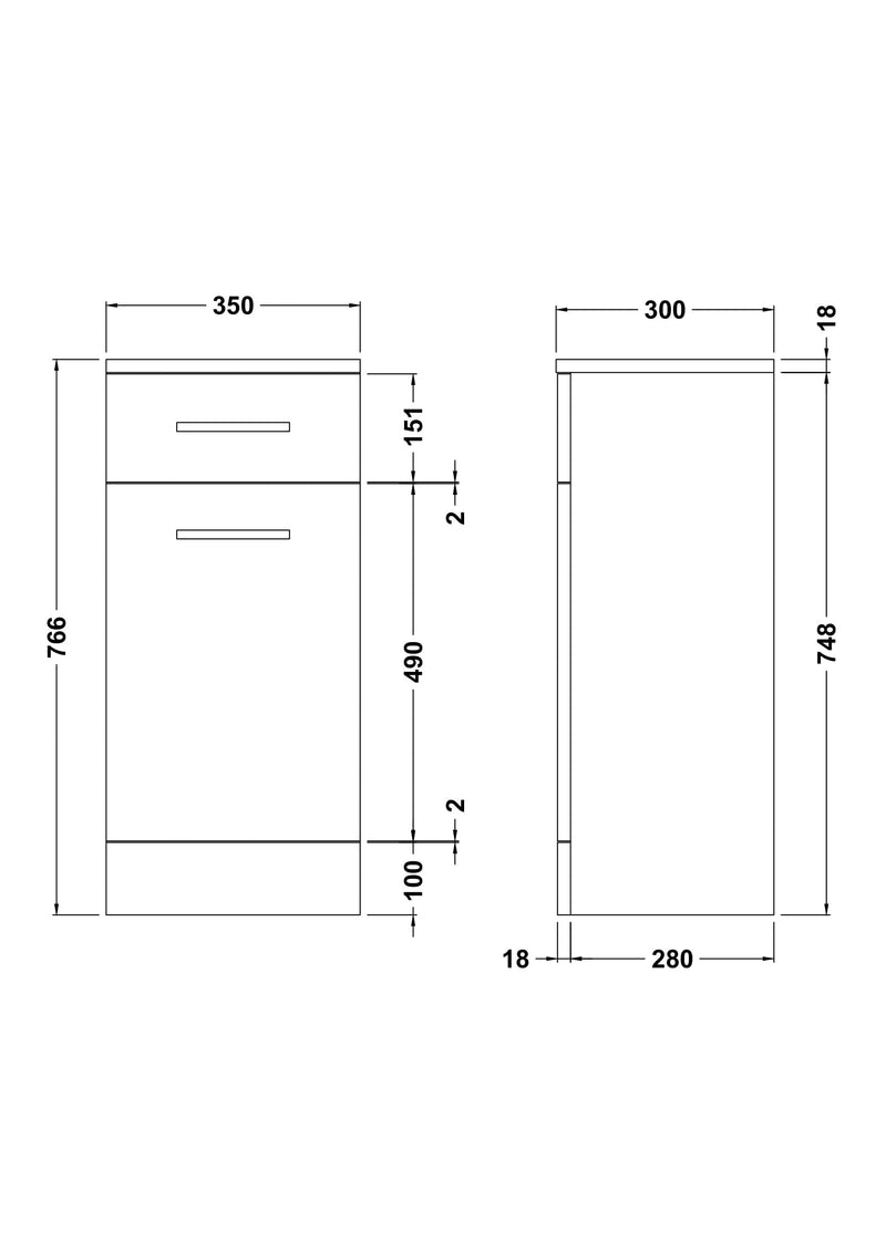 Nuie Mayford fitted drawer unit in Gloss White - 350mm — 300mm deep - dimensioned line drawing