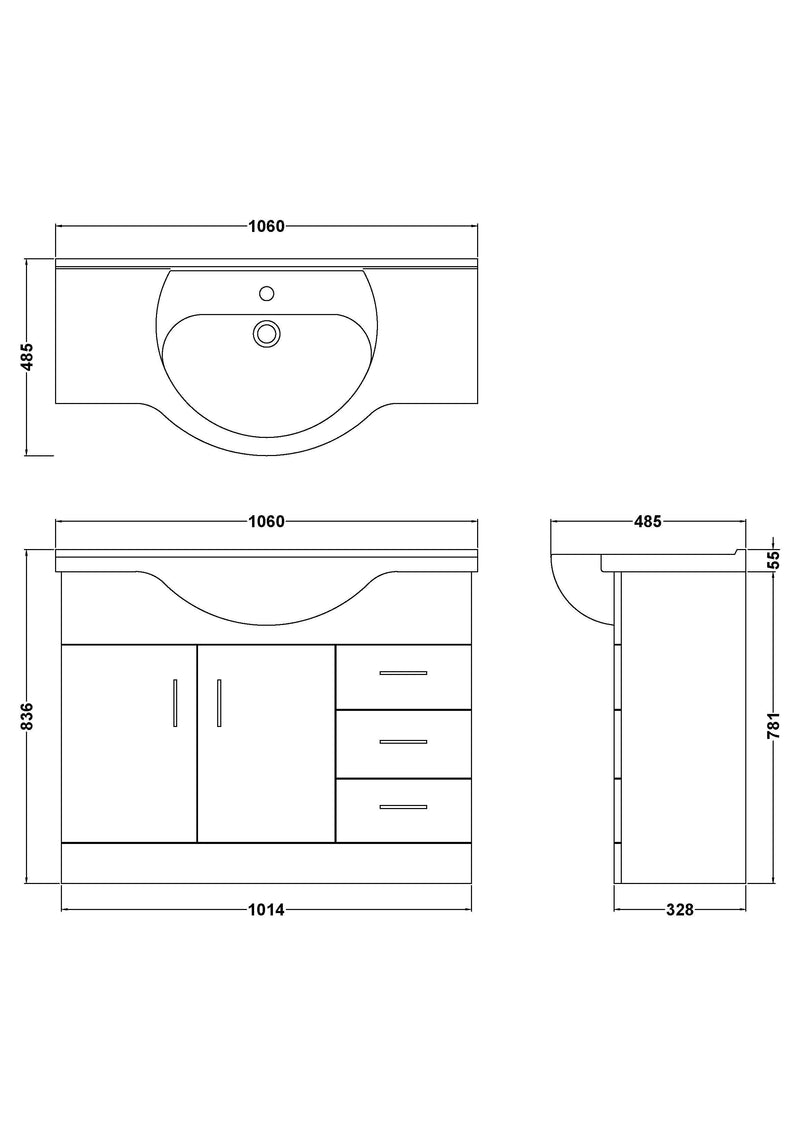Nuie Mayford Gloss White floor standing vanity unit with u-shaped basin - 1050mm - dimensioned line drawing