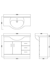 Nuie Mayford Gloss White floor standing vanity unit with u-shaped basin - 1050mm - dimensioned line drawing