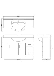 Nuie Mayford Gloss White floor standing vanity unit with u-shaped basin - 1200mm - dimensioned line drawing