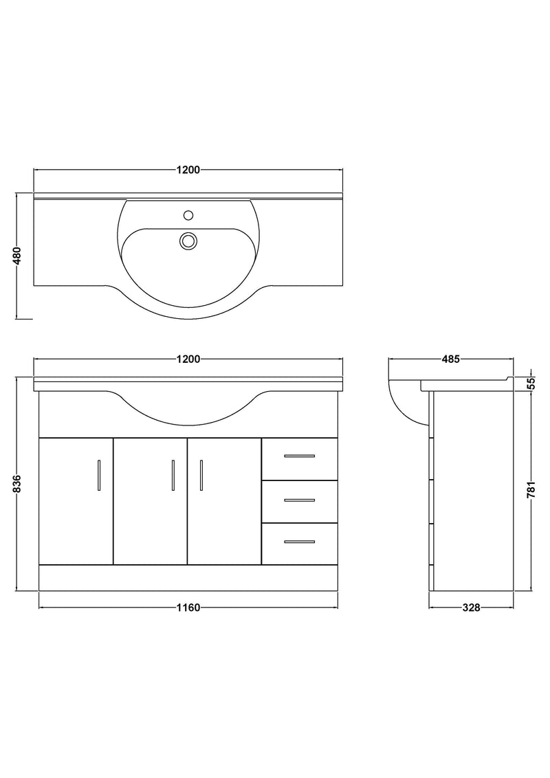 Nuie Mayford Gloss White floor standing vanity unit with u-shaped basin - 1200mm - dimensioned line drawing