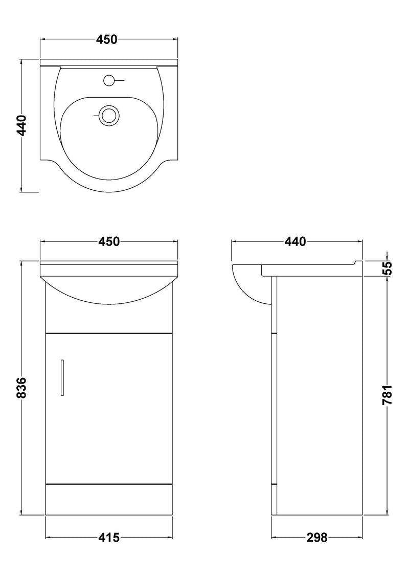 Nuie Mayford Gloss White floor standing vanity unit with u-shaped basin - 450mm - dimensioned line drawing