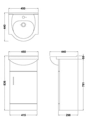 Nuie Mayford Gloss White floor standing vanity unit with u-shaped basin - 450mm - dimensioned line drawing
