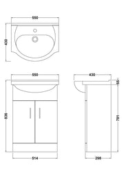 Nuie Mayford Gloss White floor standing vanity unit with u-shaped basin - 550mm - dimensioned line drawing