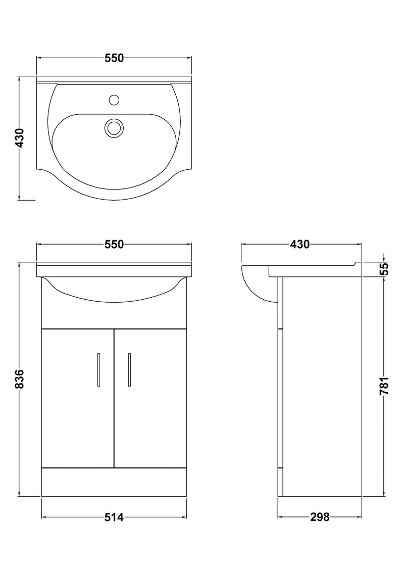 Nuie Mayford Gloss White floor standing vanity unit with u-shaped basin - 550mm - dimensioned line drawing