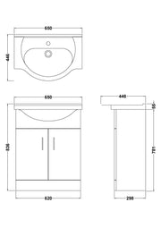 Nuie Mayford Gloss White floor standing vanity unit with u-shaped basin - 650mm - dimensioned line drawing