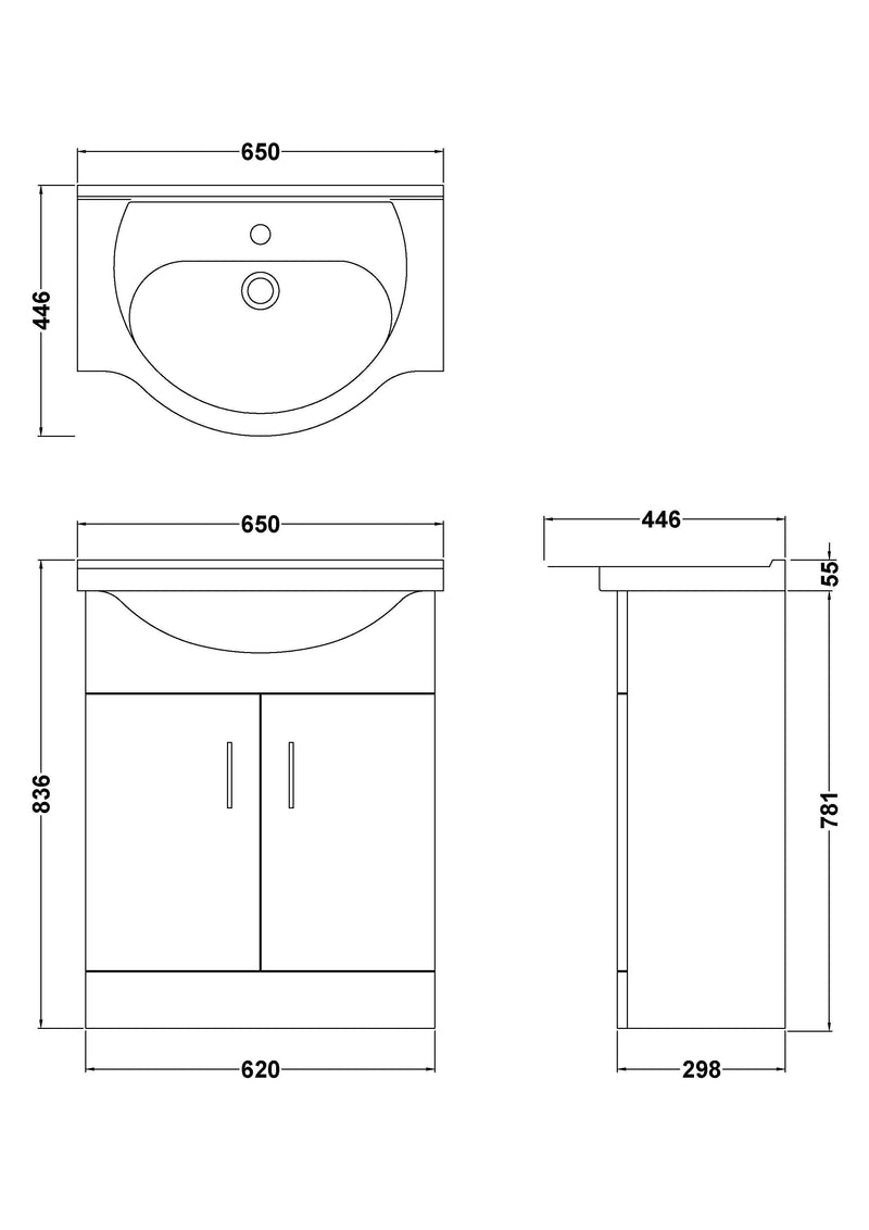 Nuie Mayford Gloss White floor standing vanity unit with u-shaped basin - 650mm - dimensioned line drawing