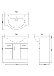 Nuie Mayford Gloss White floor standing vanity unit with u-shaped basin - 750mm - dimensioned line drawing