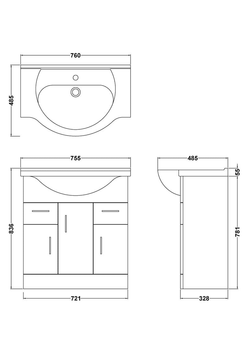Nuie Mayford Gloss White floor standing vanity unit with u-shaped basin - 750mm - dimensioned line drawing