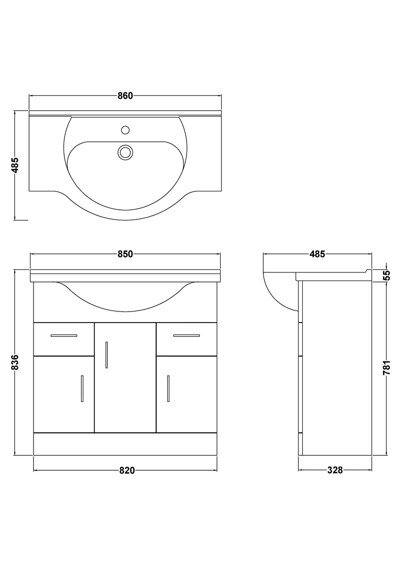 Nuie Mayford Gloss White floor standing vanity unit with u-shaped basin - 850mm - dimensioned line drawing