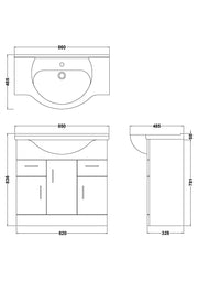 Nuie Mayford Gloss White floor standing vanity unit with u-shaped basin - 850mm - dimensioned line drawing