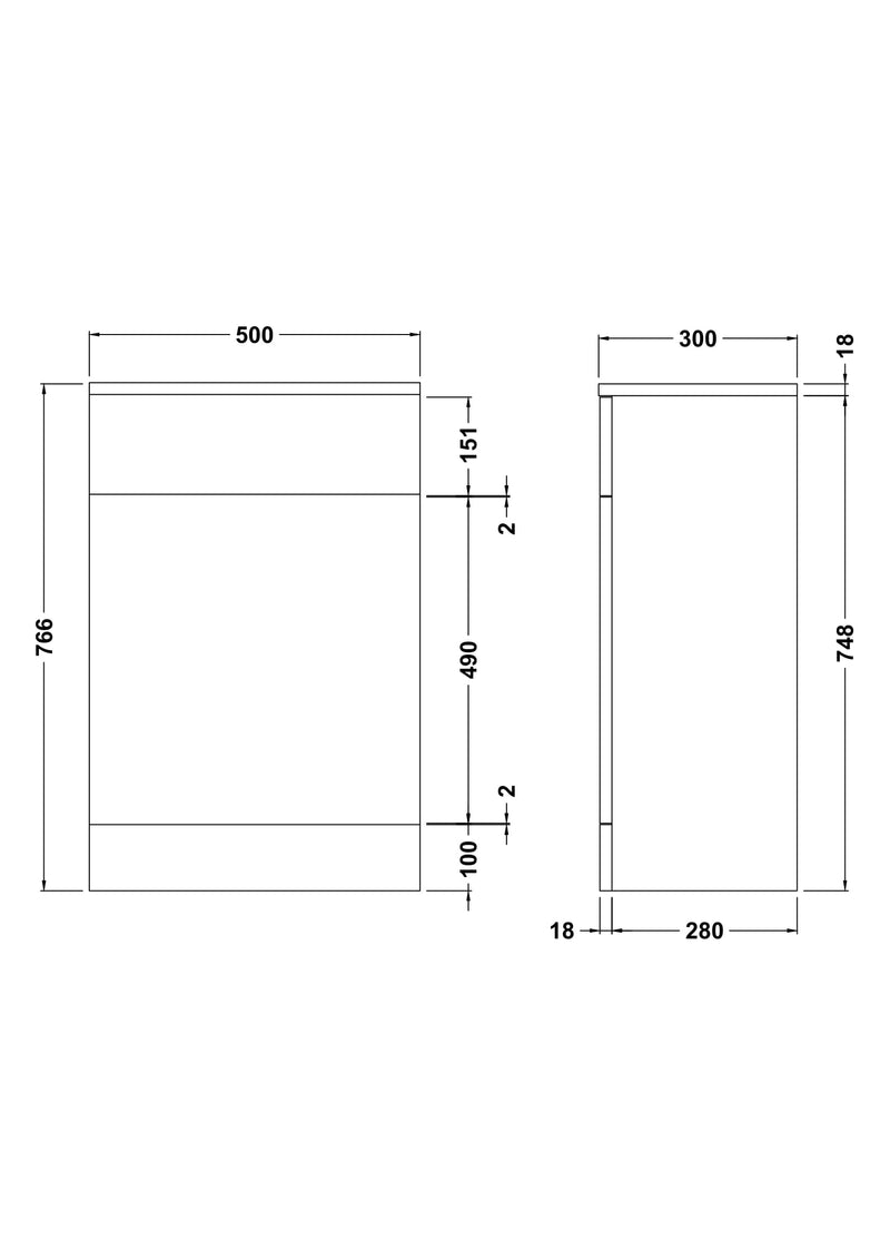 Nuie Mayford slimline 300mm deep Gloss White floor standing WC unit - 500mm - dimensioned line drawing