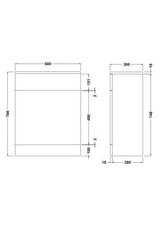 Nuie Mayford slimline 300mm deep Gloss White floor standing WC unit - 600mm - dimensioned line drawing