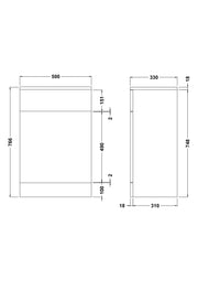 Nuie Mayford standard 330mm deep Gloss White floor standing WC unit - 500mm - dimensioned line drawing