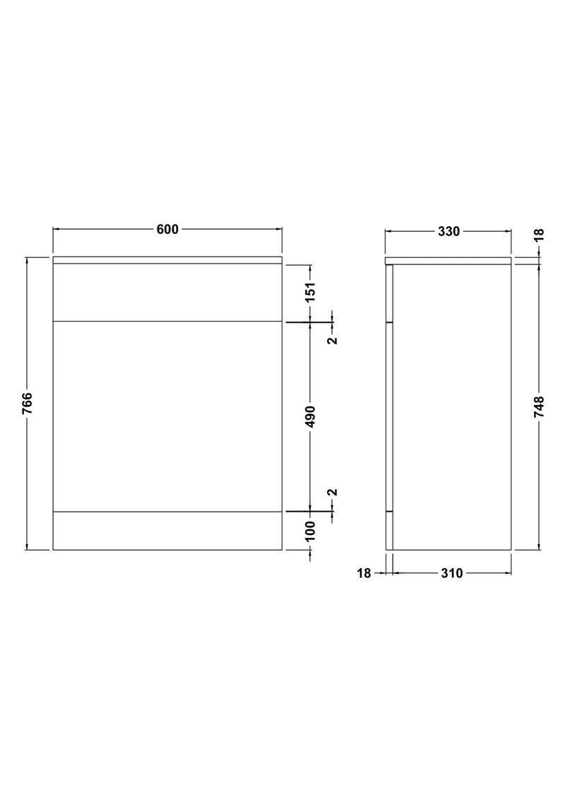 Nuie Mayford standard 330mm deep Gloss White floor standing WC unit - 600mm - dimensioned line drawing