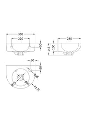 Nuie Melbourne 350mm round wall hung basin line drawing with dimensions