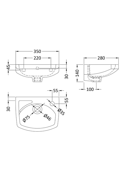 Nuie Melbourne 350mm soft square wall hung basin line drawing with dimensions