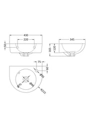 Nuie Melbourne 450mm round wall hung basin line drawing with dimensions
