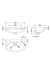 Nuie Melbourne 450mm soft square wall hung basin line drawing with dimensions