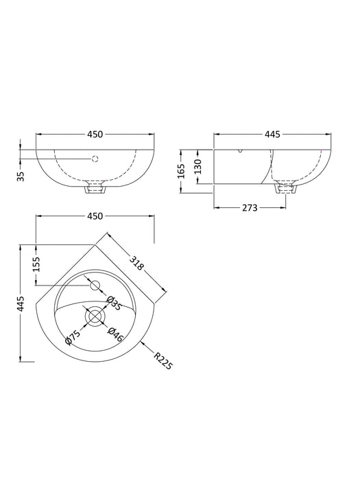 Nuie Melbourne 450mm wall hung corner basin line drawing with dimensions