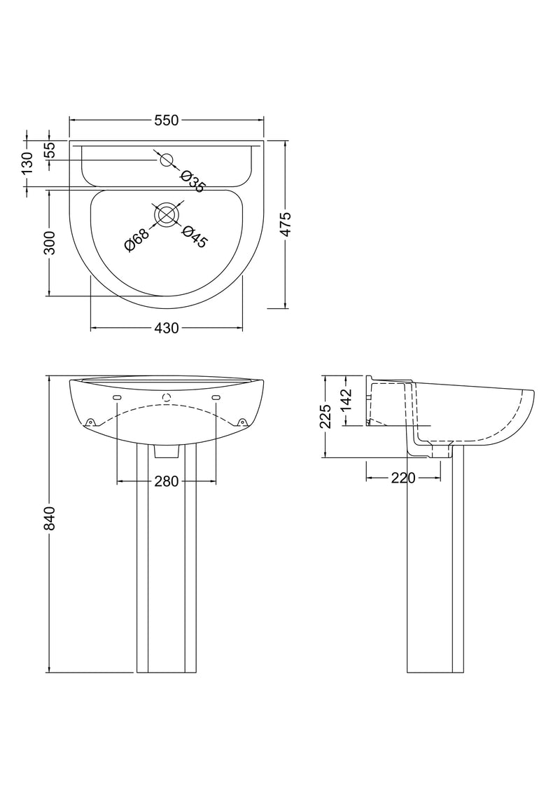 Nuie Melbourne 550mm 1 tap hole basin and pedestal line drawing with dimensions