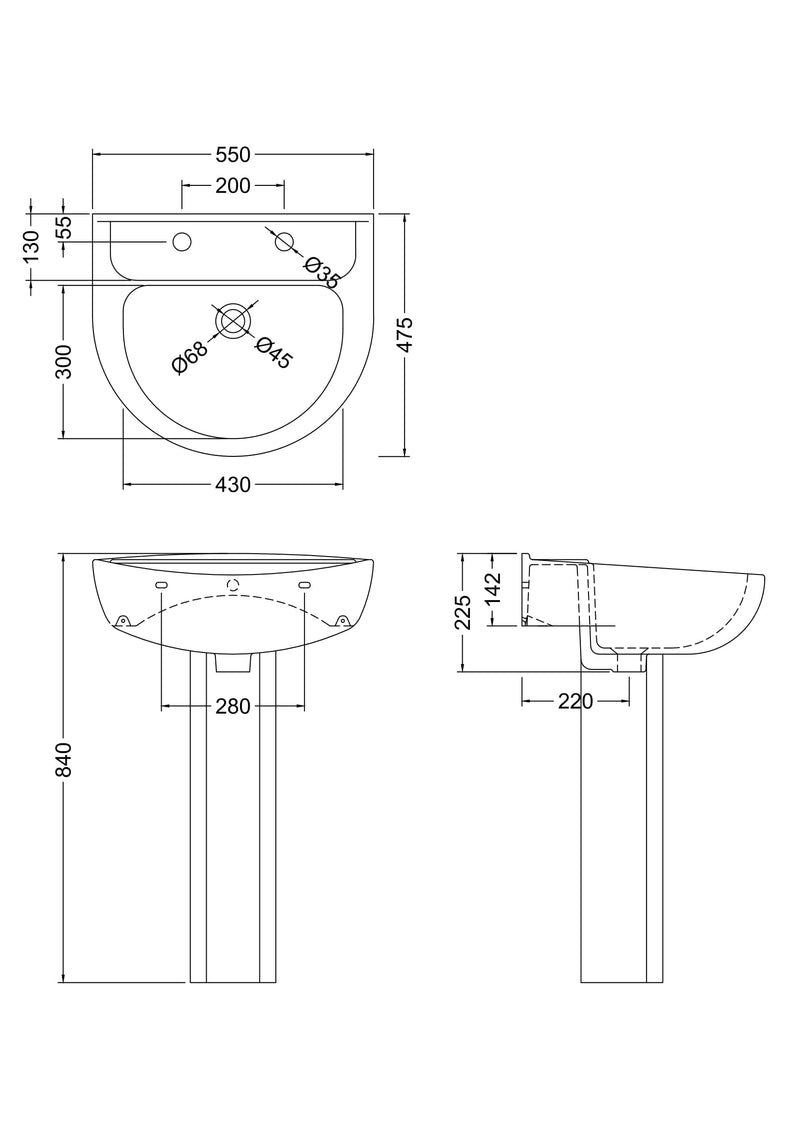 Nuie Melbourne 550mm 2 tap hole basin and pedestal line drawing with dimensions