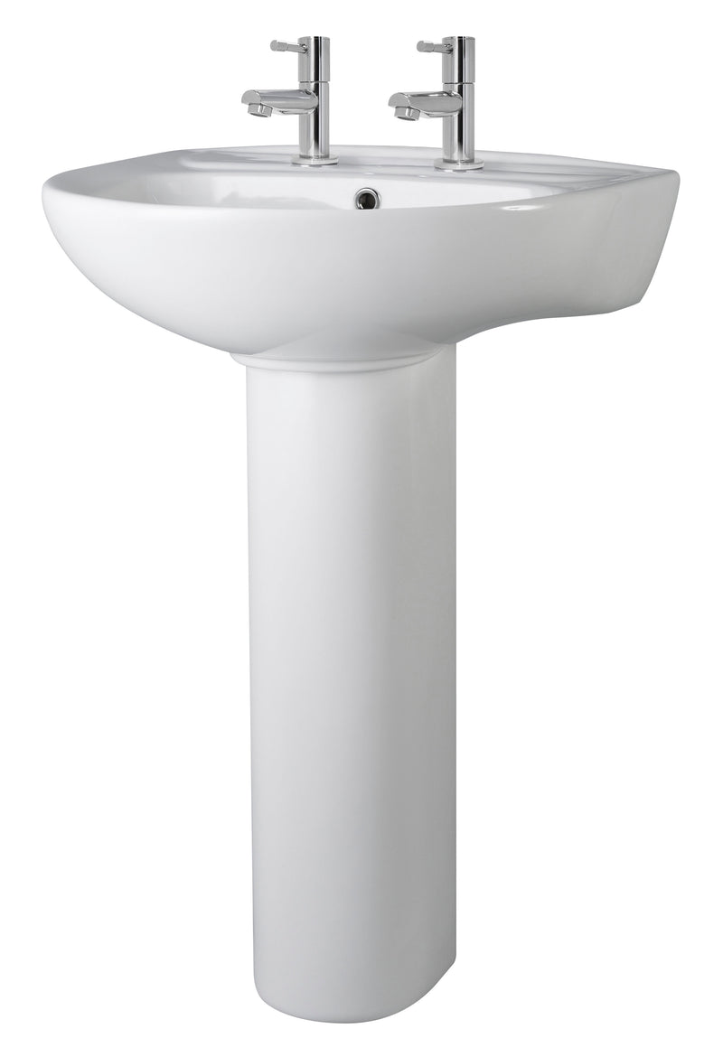 Nuie Melbourne 550mm 2 tap hole ceramic basin and full pedestal in white