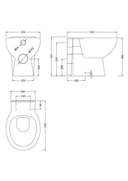 Nuie Melbourne round back to wall toilet pan line drawing with dimensions