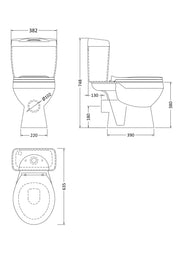 Nuie Melbourne close coupled toilet line drawing with dimensions