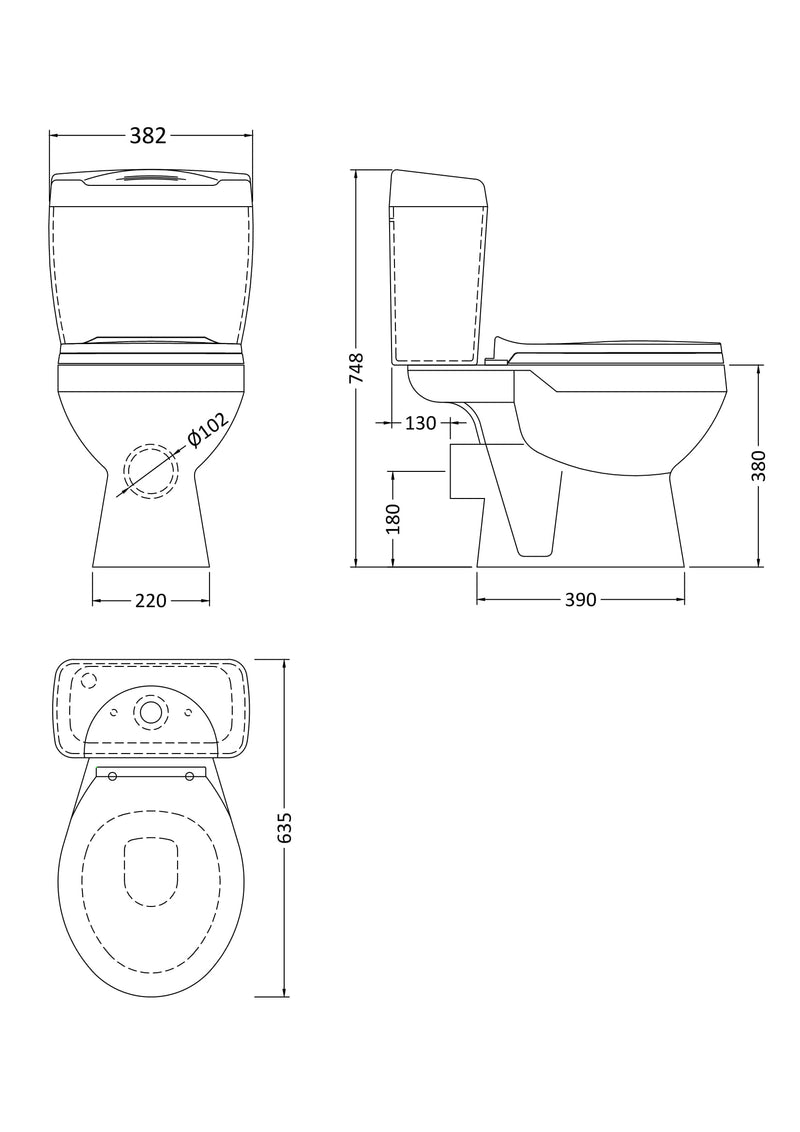 Nuie Melbourne close coupled toilet line drawing with dimensions