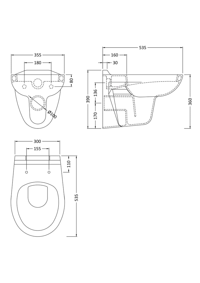 Nuie Melbourne wall hung toilet pan line drawing with dimensions