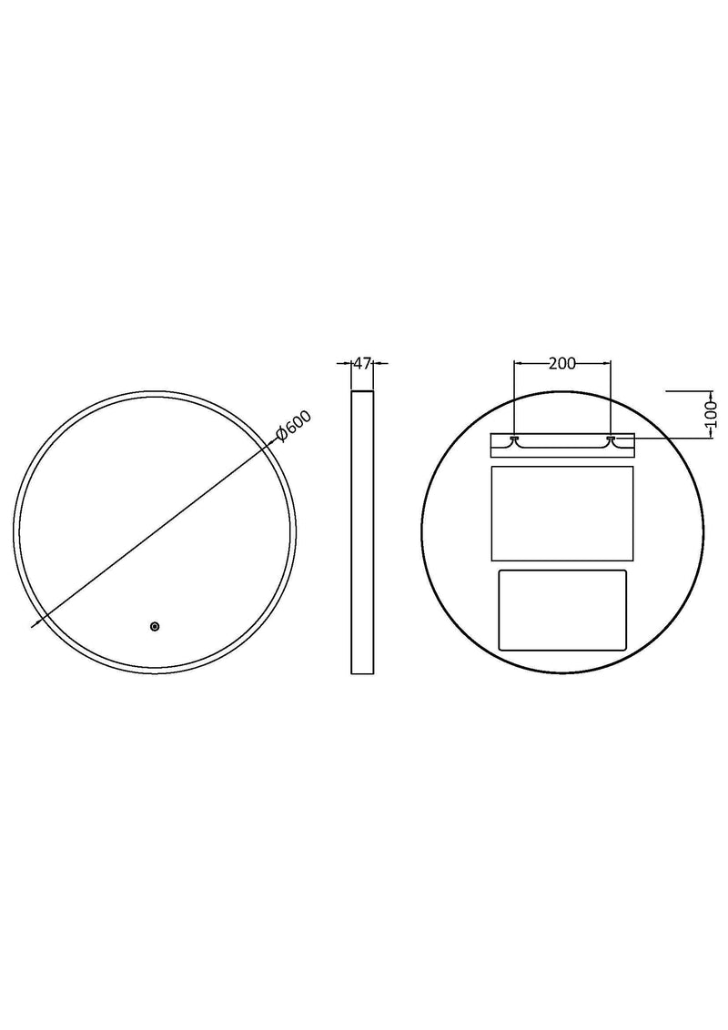 Nuie Mensa 600x600mm LED touch sensor mirror dimensions diagram