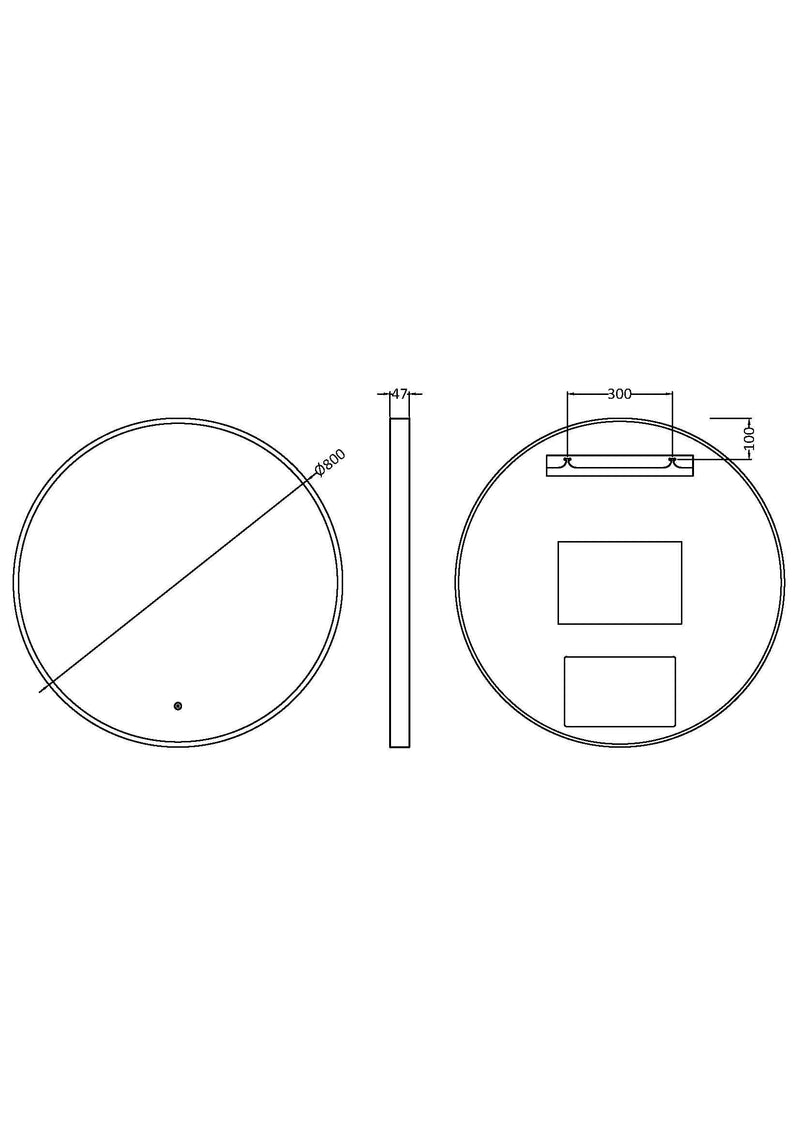 Nuie Mensa 800x800mm LED touch sensor mirror dimensions diagram