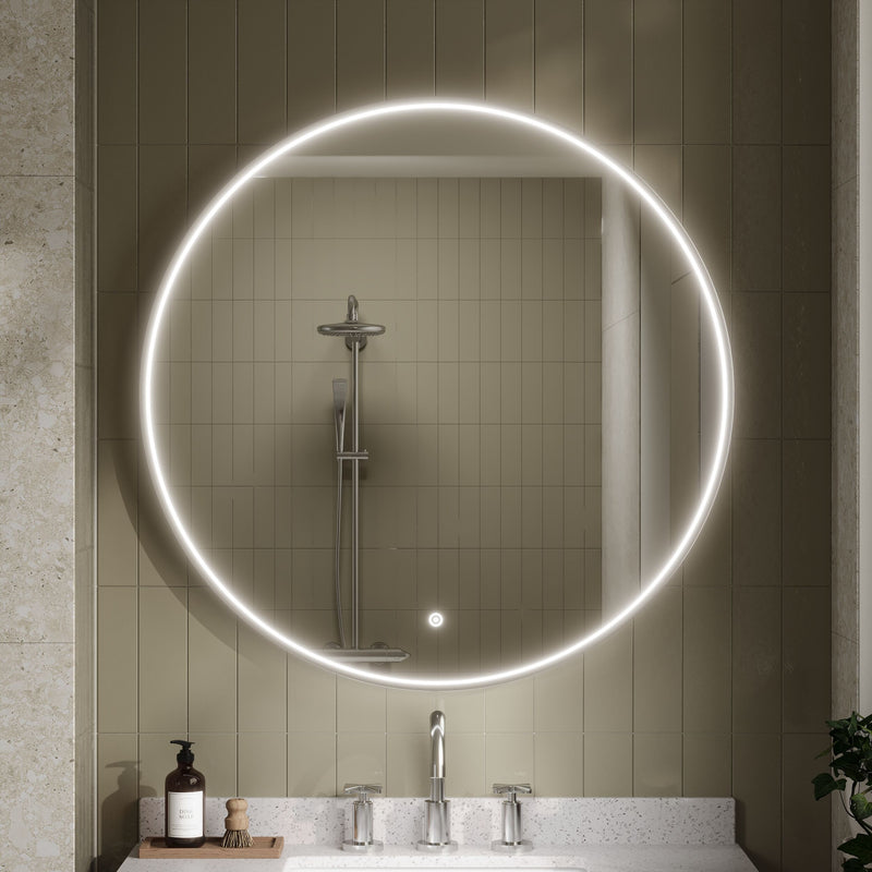 Nuie Mensa 800x800mm LED touch sensor mirror in a contemporary bathroom