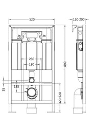 Nuie 890mm mid height toilet wall frame dimensions line drawing