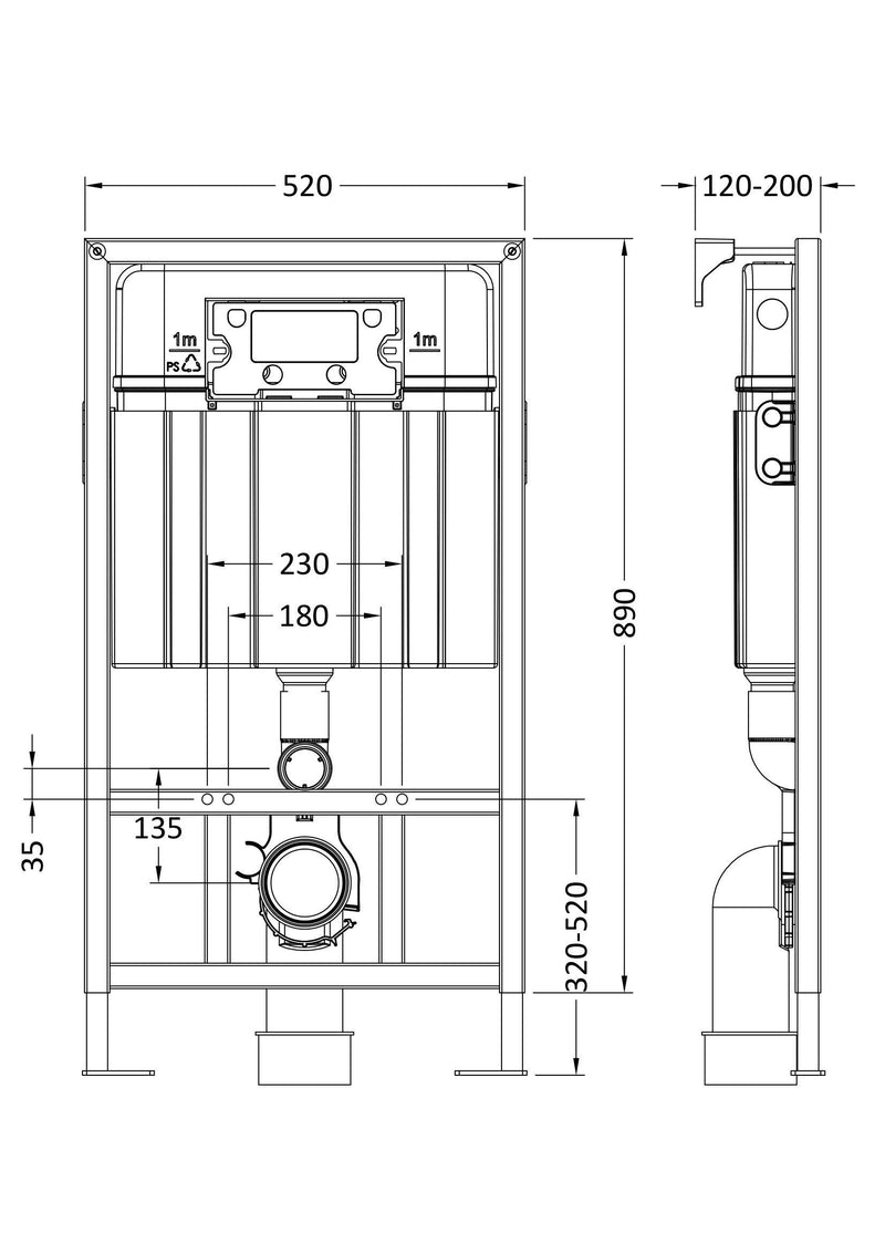Nuie 890mm mid height toilet wall frame dimensions line drawing