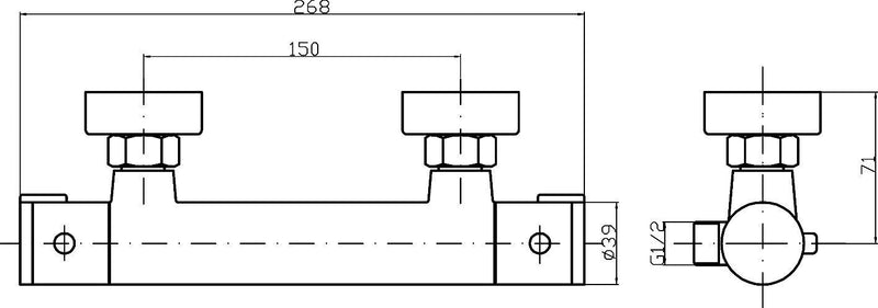 Nuie Minimalist Thermostatic Bar Shower Valve Chrome (VBS009) line drawing