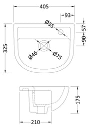 Nuie Oculus 400mm Ceramic Semi-Recessed Basin 1 Tap Hole (SRB002) line drawing