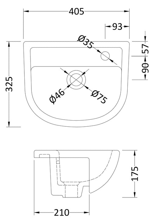 Nuie Oculus 400mm Ceramic Semi-Recessed Basin 1 Tap Hole (SRB002) line drawing