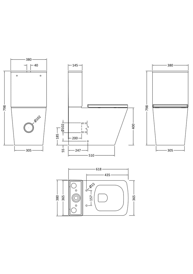 Nuie Orlen close coupled toilet line drawing with dimensions
