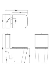 Nuie Orlen rimless close coupled toilet line drawing with dimensions
