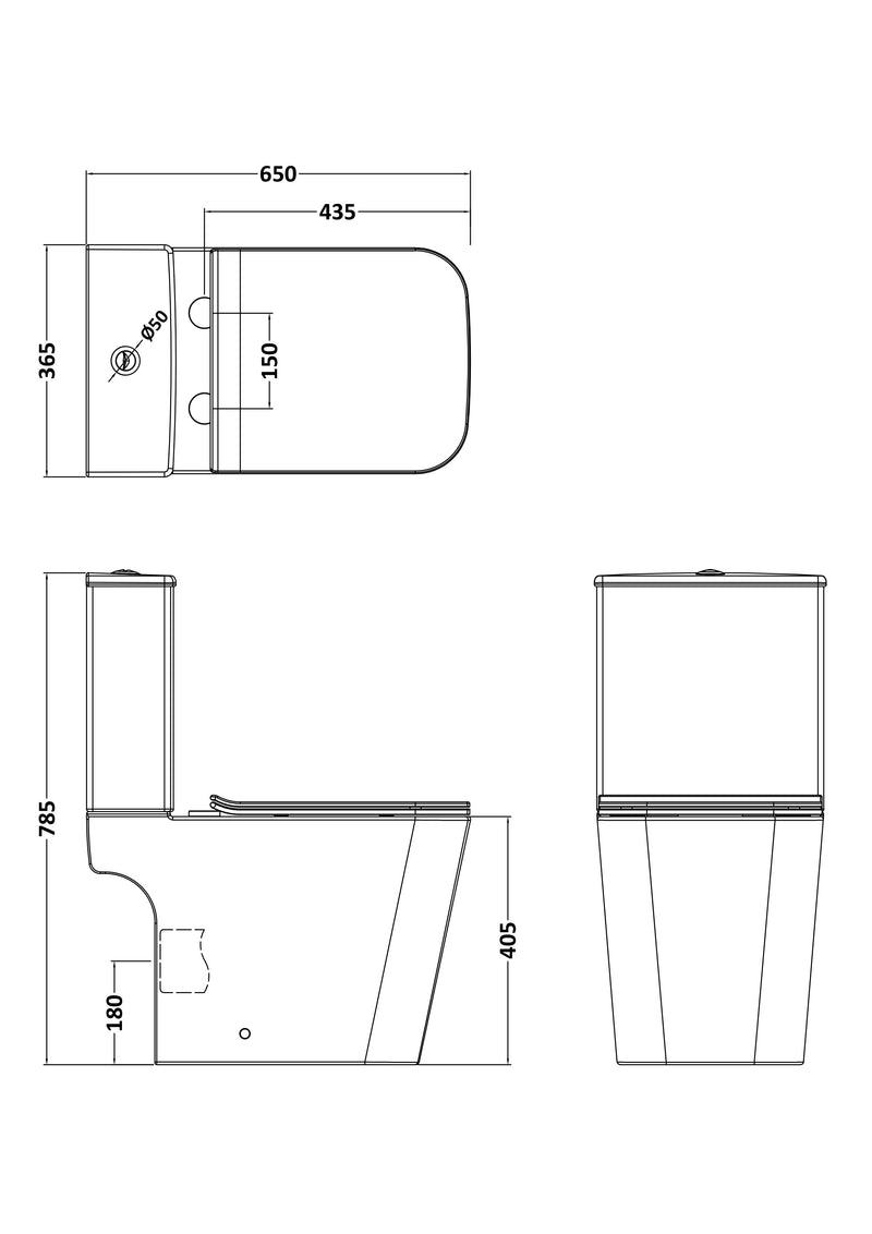 Nuie Orlen rimless close coupled toilet line drawing with dimensions