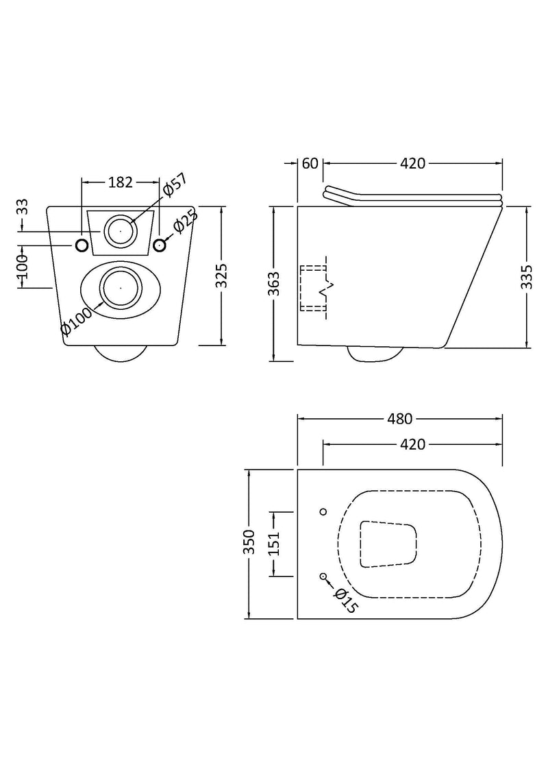 Nuie Orlen wall hung toilet pan line drawing with dimensions