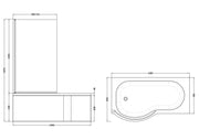 Nuie P-Shaped Shower Bath Set with Screen, Panel & Legs (All Sizes) line drawing