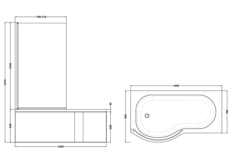 Nuie P-Shaped Shower Bath Set with Screen, Panel & Legs (All Sizes) line drawing