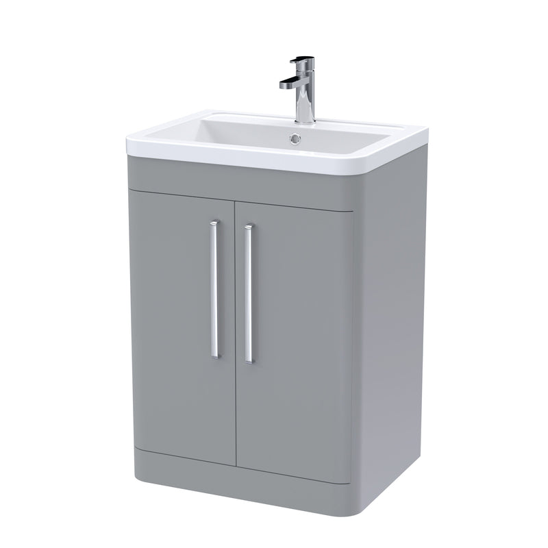Nuie Parade 600mm 2 door floor standing vanity unit with ceramic basin in Satin Grey